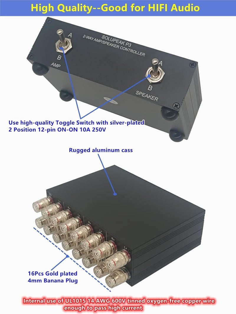 SOLUPEAK P3 2-Way AMP Amplifier to 2 Pair of Speakers Selector Switch Switcher Splitter Combiner Box 2 in 2 Out - Image 5